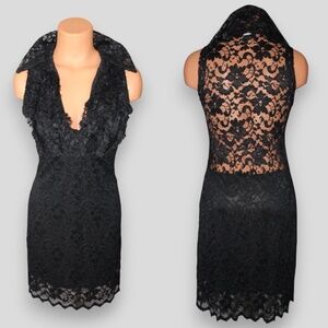 Super Sexy Vintage 90s Deep V Ruffled Bust Little Black Floral Lace Dress L